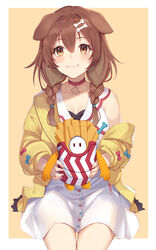  :3 animal_collar animal_ears arl blue_bow blush bone_hair_ornament border bow braid breasts brown_eyes brown_hair cleavage closed_mouth collar collarbone creature dog_ears dog_girl dress english_commentary fall_guy fall_guys female food french_fries hair_ornament holding hololive inugami_korone inugami_korone_(1st_costume) jacket long_hair long_sleeves looking_at_viewer medium_breasts off_shoulder open_clothes open_jacket outside_border red_bow simple_background single_bare_shoulder sitting smile twin_braids virtual_youtuber white_border white_dress yellow_background yellow_jacket 