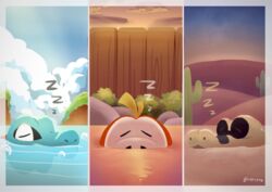  absurdres border bubble cactus closed_eyes cloud commentary_request day desert fuecoco highres mouth_submerged no_humans onsen outdoors partially_submerged pokemon pokemon_(creature) refrone ripples sandile sky sleeping totodile twilight water white_border zzz 