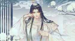  1boy alcohol black_hair chinese_clothes cup flower guan_hat hanfu holding holding_cup jun_wu long_hair long_sleeves looking_at_viewer male_focus mian_guan solo stariwei tianguan_cifu twitter_username upper_body watermark wide_sleeves 