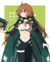  ahoge asymmetrical_pants black_pants black_thighhighs book breasts bridal_gauntlets brown_hair cloak closed_mouth cosplay ellie_(pekaso1118n) eyebrows_hidden_by_hair female fire_emblem fire_emblem_engage green_background green_cloak green_eyes hair_between_eyes highres holding holding_book long_hair medium_breasts navel original pants pekaso1118n revealing_clothes sage_outfit_(fire_emblem_engage) single_thighhigh solo thighhighs two-tone_background very_long_hair white_background 