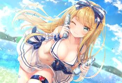  bikini blonde_hair bow clouds drink garter gomano_rio green_eyes long_hair navel original skirt sky swimsuit wink 