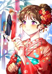  blush brown_hair diane_(nanatsu_no_taizai) female flower hair_flower hair_ornament highres japanese_clothes kimono king_(nanatsu_no_taizai) nanatsu_no_taizai paper_chain purple_eyes red_kimono sr_illust summer_festival tanzaku upper_body wide_sleeves yukata 