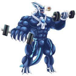  1:1 absurd_res alpha_channel anthro anthrofied big_muscles chucknorris25 cybeezly cybeezlyad dialga exercise generation_4_pokemon hi_res legendary_pokemon male muscular nintendo pokemon pokemon_(species) pokemorph pose protein simple_background solo transparent_background weightlifting weights workout 