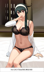  a1_(initial-g) black_bra black_hair black_panties bra breasts cleavage closed_mouth covering_own_mouth earrings female gold_earrings hairband hand_to_own_mouth hand_up implied_prostitution jewelry lace-trimmed_bra lace_trim large_breasts long_hair measurements navel off_shoulder on_bed panties red_eyes shirt short_hair_with_long_locks sidelocks sitting solo spy_x_family stomach thighs three_sizes underwear white_hairband white_shirt window yor_briar 