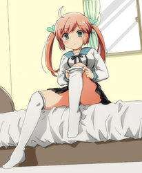  00tea aqua_bow aqua_ribbon blush bow closed_mouth curtains ensemble_girls! female green_eyes kimisaki_school_uniform long_sleeves looking_down on_bed over-kneehighs pink_hair putting_on_legwear ribbon sakaki_mutsumi school_uniform serafuku sitting solo thighhighs twintails white_thighhighs window 