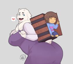  absurd_res ass big_breasts bovid breasts caprine cumbread demon_slayer duo female frisk_(undertale) gesture goat hair hand_gesture heart_symbol hi_res human kimetsu_no_yaiba male male/female mammal mature_female mother_(lore) parent_(lore) smile thick_thighs toriel undertale undertale_(series) v_sign 