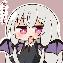  :o arms_behind_back bat_wings black_dress blush brown_background chibi collarbone collared_dress commentary_request dress female grey_hair hair_between_eyes hair_ornament hair_ribbon hana_kazari long_hair looking_at_viewer oerba_yun_fang open_mouth outline purple_wings red_eyes ribbon sidelocks solo sophie_twilight tonari_no_kyuuketsuki-san translated tress_ribbon very_long_hair white_outline wings 