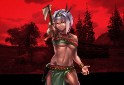  aqua_eyes asatsuki_(cookie) axe bandages beads belt belt_bra bird bra bracer breasts closed_mouth collarbone commentary_request cookie_(touhou) cowboy_shot crossover eyes_visible_through_hair feather_hair_ornament feathers female green_bra hair_between_eyes hair_ornament heterochromia holding holding_axe holding_weapon holster jewelry konpaku_youmu looking_at_viewer medium_breasts megafaiarou_(talonflame_810) midriff native_american navel necklace pelvic_curtain red_dead_redemption red_theme rock short_hair solo standing studded_belt tan tattoo the_chicken_that_appears_in_the_middle_of_cookie touhou tree underboob underwear weapon white_hair yellow_eyes 