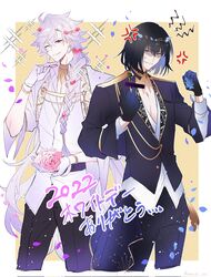  2022 2boys ;d amata1006 anger_vein angry black_hair blue_eyes braid censored censored_gesture false_smile fate/grand_order fate_(series) feet_out_of_frame flower gloves hair_between_eyes highres holding holding_flower jacket long_hair long_sleeves looking_at_viewer male_focus merlin_(fate) merlin_(overnight_dream)_(fate) middle_finger multiple_boys oberon_(fate) oberon_(overnight_dream)_(fate) one_eye_closed petals purple_hair shirt smile sparkle spoilers white_shirt 