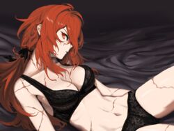  bad_id bad_pixiv_id black_bra black_panties bra breasts commentary_request diluc_(genshin_impact) female genderswap_(mtf) genshin_impact hair_between_eyes hair_ribbon highres large_breasts long_hair orrdriver panties parted_lips ponytail profile red_eyes red_hair ribbon rule_63 scar scar_on_arm scar_on_chest scar_on_leg scar_on_stomach simple_background solo underwear very_long_hair 