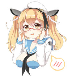  adjusting_eyewear beret blonde_hair commentary_request dress female glasses hair_between_eyes hat highres open_mouth sailor_collar short_twintails smile solo tsukimiya_yuuko twintails warship_girls_r white_background yellow_eyes z31_(warship_girls_r) 