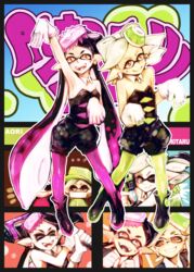  +_+ 2girls ankle_boots baseball_cap beanie bespectacled black_dress black_footwear black_hair boots brown_eyes callie_(splatoon) casual character_name closed_eyes commentary_request detached_collar dress earrings fangs food food_on_head glasses gloves grey_hair grin hat hero_charger_(splatoon) hero_roller_(splatoon) highres inkling jewelry long_hair looking_at_viewer marie_(splatoon) mask mineta_naoki mole mole_under_eye mouth_mask multiple_girls object_on_head one_eye_closed open_mouth pantyhose pointy_ears pose short_dress short_hair short_jumpsuit smile splatoon_(series) splatoon_1 squidbeak_splatoon standing strapless strapless_dress tentacle_hair white_gloves 