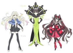  3girls bad_id bad_pixiv_id black_hair black_legwear blonde_hair blue_eyes boots capelet center_opening cross-laced_footwear crown dress elbow_gloves frills gloves gradient_hair green_eyes hands_on_own_hips high_heels horns long_hair miy multicolored_hair multiple_girls one_eye_closed pantyhose personification pokemon short_hair thighhighs twintails xerneas yveltal zygarde zygarde_(50) 