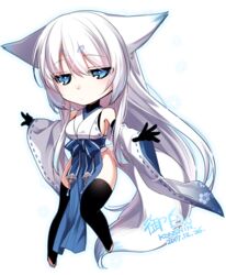  animal_ears bare_shoulders barefoot black_gloves black_thighhighs blue_eyes breasts chibi commentary_request dated ears_down elbow_gloves female fox_ears fox_tail gloves jitome konshin long_hair long_sleeves looking_at_viewer no_panties obi orie_mishiro original outline pelvic_curtain sash short_eyebrows sideboob signature simple_background snowflakes solo tail thighhighs toeless_legwear white_background white_hair 