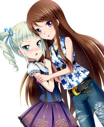  2girls aikatsu! aikatsu!_(series) aqua_eyes bad_id bad_pixiv_id blonde_hair blush brown_hair casual chestnut_mouth drill_hair hair_ribbon hug long_hair multiple_girls open_mouth purple_eyes ribbon shibuki_ran smile todo_yurika twin_drills twintails white_background yuu_(derodero) 