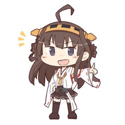  ahoge blush_stickers boots brown_hair chibi commentary_request female full_body hand_on_own_hip honda_takashi_(enorea) kantai_collection kongou_(kancolle) long_hair nontraditional_miko open_mouth partial_commentary pleated_skirt pointing purple_eyes simple_background skirt solo white_background 