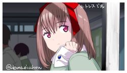  anime_coloring bacher bob_cut bored bow brown_hair commentary_request derivative_work female gridman_universe hairbow head_rest medium_hair official_style parody persona persona_1 pink_eyes red_bow school_uniform solo_focus sonomura_maki ssss.gridman st._hermelin_school_uniform twitter_username 