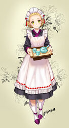  apron artist_name bad_id bad_pixiv_id blonde_hair blush boots braid briska cup female floral_background flower frilled_apron frills full_body green_eyes head_tilt heart holding holding_tray korean_clothes lily_(flower) maid maid_headdress original photoshop_(medium) short_hair smile solo standing tassel teapot tray 