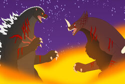  2boys absurdres battle blue_eyes claws commentary_request crossover duel fire godzilla godzilla_(series) gomora highres horns kaijuu monster multiple_boys no_humans open_mouth photoshop_(medium) pyrus-leonidas scar scar_across_eye scar_on_face sharp_teeth single_horn teeth ultra_series ultraman_(1st_series) yellow_eyes 