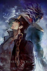  2boys black_hair blood blue_skin chains cigarette colored_skin commentary_request earrings gakuran green_eyes hat jewelry jojo_no_kimyou_na_bouken kujo_jotaro looking_up male_focus multiple_boys night photoshop_(medium) school_uniform sky smoking stand_(jojo) star_(sky) star_platinum starry_sky total 