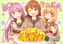  3girls :d ;d announcement_celebration blonde_hair braid brown_eyes brown_hair food glasses hayama_teru ketchup long_hair multiple_girls nishikawa_youko odagiri_futaba omelet omurice one_eye_closed open_mouth pikachi purple_eyes purple_hair sansha_san&#039;you school_uniform serafuku short_hair smile spoon squeeze_bottle translated twin_braids 