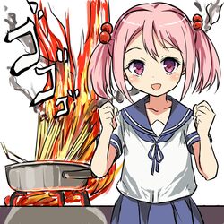  clenched_hands commentary_request female fire frying_pan hair_bobbles hair_ornament kantai_collection looking_at_viewer open_mouth pink_eyes pink_hair sazanami_(kancolle) school_uniform serafuku short_hair skirt smile smoke solo stove takahiro_(rikky) twintails you&#039;re_doing_it_wrong 