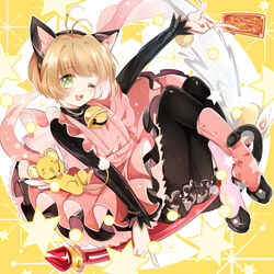  ;d animal_ears apron bell black_bloomers black_legwear bloomers brown_hair card cardcaptor_sakura cat_ears cat_tail clow_card commentary_request dress female fuuin_no_tsue green_eyes honya1 jingle_bell kero_(cardcaptor_sakura) kinomoto_sakura kinomoto_sakura_(pink_kitty_costume) magical_girl one_eye_closed open_mouth pantyhose smile star_(symbol) tail underwear wand 