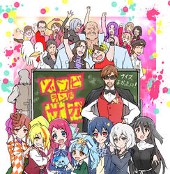  6+boys 6+girls :d :o amabuki_maria animal azumatsuru_misa bald bandages black_hair blonde_hair blue_eyes blue_hair bow bowtie brown_hair canine chalkboard closed_eyes collar commentary_request copyright_name delinquent double_bun dress everyone eyes_visible_through_hair gou_takeo green_jacket hair_between_eyes hair_bun hair_ornament hair_over_one_eye hair_ribbon hairbow hand_on_own_hip heart heart_hair holding holding_animal holding_dog hoshikawa_lily jacket jacket_on_shoulders kirishima_reiko_(zombie_land_saga) konno_junko letterman_jacket light_blue_hair light_green_hair long_hair long_sleeves looking_at_viewer low_twintails minamoto_sakura mizuno_ai mother_and_daughter multicolored_hair multiple_boys multiple_girls necktie nikaidou_saki open_mouth orange_hair plaid plaid_bow polka_dot polka_dot_bow ponytail purple_hair red_eyes red_hair red_vest ribbon romero_(zombie_land_saga) sailor_dress scar scar_across_eye scar_on_face school_uniform shirt short_hair size_difference smile spiked_collar spikes squid star_(symbol) star_hair_ornament stitches streaked_hair sunglasses tatsumi_koutarou twintails vest white_shirt yamada_tae yonecchi yuugiri_(zombie_land_saga) zombie zombie_land_saga 