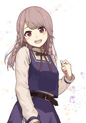  :d absurdres belt belt_buckle black_ribbon blush braid brown_hair buckle collared_shirt commentary_request female hair_ornament hairclip hand_up head_tilt highres kyota07 long_hair long_sleeves looking_at_viewer miniskirt neck_ribbon open_mouth original purple_skirt purple_vest red_eyes ribbon school_uniform shirt sidelocks skirt smile solo standing teeth twin_braids upper_body upper_teeth_only vest white_background white_shirt 