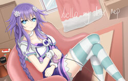  absurdres alternate_costume blue_eyes blush braid breasts chinese_commentary choujigen_game_neptune cleavage commentary_request cosplay crossed_legs d-pad d-pad_hair_ornament english_text female hair_ornament highres hood hooded_jacket jacket long_hair looking_at_viewer medium_breasts neptune_(neptunia) neptune_(neptunia)_(cosplay) neptune_(series) no_bra photoshop_(medium) power_symbol power_symbol-shaped_pupils purple_hair purple_heart_(neptunia) self_cosplay sitting smile solo striped_clothes striped_thighhighs symbol-shaped_pupils thighhighs tied_hair top_nep_hat twin_braids you_ni_ge_shaobing 