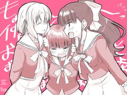  3girls =_= akane_souichi blush closed_eyes commentary_request copyright_name girl_sandwich kujou_ume monochrome multiple_girls open_mouth pushing_away saeki_hina sandwiched simple_background tokyo_7th_sisters translation_request wanibuchi_emoko wavy_mouth 