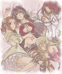  4girls absurdres bad_id bad_pixiv_id bandaged_arm bandages bed belt breasts choker cleavage cleavage_cutout closed_eyes clothing_cutout commentary detached_sleeves dress eleanor_hume elf hand_on_another&#039;s_stomach harem highres kawauso_(horoyoi48) looking_at_viewer lying magilou_(tales) mask multiple_girls navel pointy_ears seres_(tales) tales_of_(series) tales_of_berseria thighhighs torn_clothes velvet_crowe yuri 