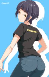  ass black_hair black_shirt blue_background commentary_request cowboy_shot denim female jeans kichihachi looking_at_viewer looking_back nanase_yoshino pants shirt short_hair short_sleeves silhouette simple_background solo t-shirt wake_up_girls! yellow_eyes 