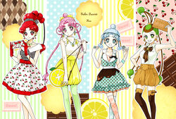  4girls amazons_quartet argyle artist_name asymmetrical_legwear bag bead_bracelet beads bishoujo_senshi_sailor_moon bishoujo_senshi_sailor_moon_supers blue_eyes blue_hair bow bracelet candy cerecere_(sailor_moon) cherry_print chocolate chocolate_bar collarbone commentary_request drill_hair earrings feet_out_of_frame food food-themed_bag food_print fruit gloves green_eyes green_hair grin hair_bun hand_on_own_hip handbag jewelry junjun_(sailor_moon) lemon light_blue_hair multiple_girls necklace open_mouth pallapalla_(sailor_moon) pantyhose pink_eyes pink_hair plaid polka_dot pouty_lips puffy_shorts red_eyes red_gloves red_hair sarashina_kau shorts shoulder_bag single_hair_bun smile striped thighhighs twin_drills uneven_legwear unmoving_pattern vesves_(sailor_moon) wallet wristband zettai_ryouiki 