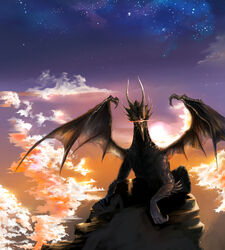  beak black_dragon_kalameet cloud commentary_request creature dark_souls_(series) dark_souls_i dragon glowing glowing_eye highres horns no_humans one-eyed purple_eyes shibafu_no_atama sky solo spikes star_(sky) wings 