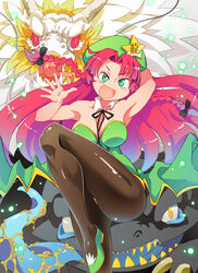  :d adapted_costume alternate_costume armpits black_legwear braid breasts chinese_commentary cleavage commentary_request dragon female green_eyes hat hat_ornament hong_meiling long_hair looking_at_viewer medium_breasts open_mouth panties panties_under_pantyhose pantyhose photoshop_(medium) pose red_hair smile spell_card standing standing_on_one_leg star_(symbol) star_hat_ornament touhou twin_braids underwear v-shaped_eyebrows waving xin_yu_hua_yin 