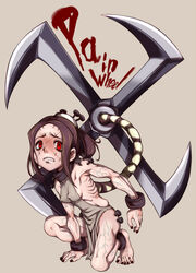  brown_hair carol_(skullgirls) e10 nail no_mask painwheel_(skullgirls) red_eyes scar skullgirls solo stitches 