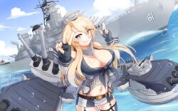  absurdres battleship belt blonde_hair blue_eyes breasts buckle cleavage commentary_request female highres historical_name_connection iowa_(kancolle) kantai_collection large_breasts long_hair military military_vehicle name_connection object_namesake pokke_(pokke-chan) ship solo star-shaped_pupils star_(symbol) symbol-shaped_pupils uss_iowa_(bb-61) v vehicle_and_personification warship watercraft 