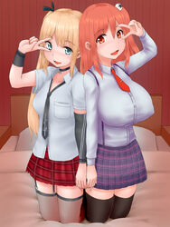  2girls :d bad_id bad_pixiv_id bed blonde_hair blue_eyes blush breasts checkered_clothes checkered_skirt commentary_request dead_or_alive dead_or_alive_5 detached_sleeves dress_shirt fishnet_thighhighs fishnets garter_straps hair_ornament hair_ribbon highres holding_hands honoka_(doa) impossible_clothes impossible_shirt interlocked_fingers jewelry kneeling large_breasts long_hair looking_at_viewer loose_necktie marie_rose miniskirt multiple_girls necklace necktie one_side_up open_mouth orange_eyes orange_hair pleated_skirt raseruta ribbon shirt short_sleeves single_sleeve skirt small_breasts smile thighhighs twintails v v_over_eye wristband 