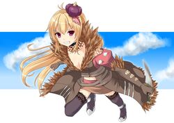  &gt;:) antenna_hair blonde_hair breasts cleavage commentary_request elbow_gloves female fingerless_gloves gloves grin hair_ornament holding knife kurohachiboku long_hair looking_at_viewer navel purple_eyes ragnarok_online running shadow_chaser_(ragnarok_online) small_breasts smile solo v-shaped_eyebrows 