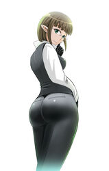  ass breasts brown_hair commentary_request dungeon_ni_deai_wo_motomeru_no_wa_machigatteiru_darou_ka eina_tulle elf female formal glasses gloves green_eyes highres light_smile looking_at_viewer looking_back medium_breasts mimura_kaoru pants photoshop_(medium) pointy_ears short_hair simple_background solo tight_clothes tight_pants white_background 