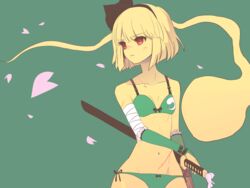  bad_id bad_twitter_id bandaged_arm bandages bare_arms bare_shoulders bow bra collarbone cuts female gloves green_background green_gloves hairband hitodama image_sample injury katana keemoringo konpaku_youmu konpaku_youmu_(ghost) looking_away midriff navel panties petals red_eyes scar short_hair simple_background solo sword touhou twitter_sample underwear underwear_only weapon white_background 