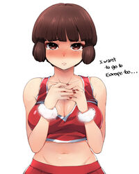  blunt_bangs blush breasts brown_hair cheerleader cleavage commentary_request crop_top english_text female full-face_blush isabeau_(megami_tensei) large_breasts looking_at_viewer midriff nail_polish naso4 navel red_eyes shin_megami_tensei shin_megami_tensei_iv shiny_skin shirt short_hair simple_background solo taut_clothes taut_shirt tears white_background 