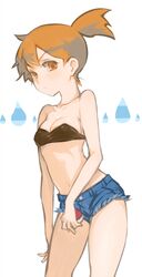  bandeau bare_shoulders bikini bikini_top_only blue_shorts breasts cleavage commentary_request cutoffs denim denim_shorts female gj holding holding_poke_ball kasumi_(pokemon) looking_at_viewer medium_breasts midriff navel orange_eyes orange_hair poke_ball poke_ball_(basic) pokemon pokemon_(anime) pokemon_(classic_anime) pokemon_frlg pokemon_rgby short_shorts shorts side_ponytail solo swimsuit water_drop white_background 