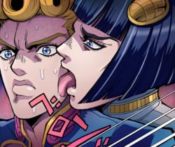  2boys araki_hirohiko_(style) black_hair blonde_hair blue_eyes bob_cut bruno_bucciarati comic_panel_redraw commentary_request derivative_work giorno_giovanna hair_ornament hairclip jojo_no_kimyou_na_bouken jostarjo licking licking_another&#039;s_face male_focus meme multiple_boys parody style_parody sweat taste_of_a_liar_(meme) vento_aureo 