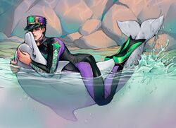  1boy black_hair dolphin earrings flippers hat hat_over_one_eye jewelry jojo_no_kimyou_na_bouken jostarjo kuujou_joutarou male_focus partially_submerged splashing stud_earrings wetsuit zoophilia 