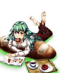  barefoot bread coffee commentary_request feet female food green_hair kazami_yuuka kazami_yuuka_(pc-98) long_hair lying mouth_hold on_stomach pants plaid plaid_pants red_eyes soles solo the_pose touhou touhou_(pc-98) yuzu_momo 