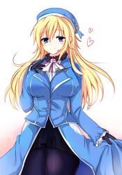  atago_(kancolle) black_gloves black_pantyhose blonde_hair blue_eyes blush breasts commentary_request female gloves hand_on_own_chest hat heart jacket kantai_collection kuze_matsuri large_breasts long_hair military military_jacket military_uniform pantyhose skirt smile solo uniform 