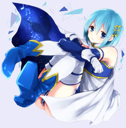  armband blue_eyes blue_hair cape closed_mouth commentary_request etsuo female fortissimo gloves hair_ornament hairclip highres looking_at_viewer mahou_shoujo_madoka_magica mahou_shoujo_madoka_magica_(anime) miki_sayaka miki_sayaka_(magical_girl) musical_note musical_note_hair_ornament photoshop_(medium) shoe_soles short_hair solo thighhighs 