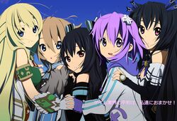  akiyama_mio black_hair blanc blonde_hair blue_eyes brown_hair choujigen_game_neptune cosplay fuuki gloves hirasawa_yui hug k-on! kotobuki_tsumugi nakano_azusa neptune noire purple_eyes purple_hair red_eyes tainaka_ritsu vert watermark yuni_(hyperdimension_neptunia_mk2) 